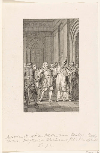 Reinoud II van Brederode, wordt door de bisschop van Utrecht de ridderorde van het Gulden Vlies afgerukt, 1470