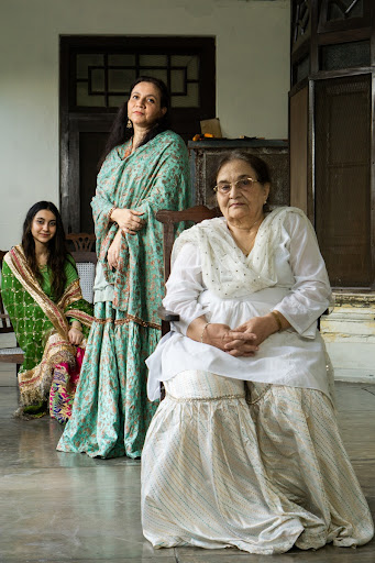 Three generations: Begum Saleha Asad Husain, Tazeen Husain and Ayrah in ghararas