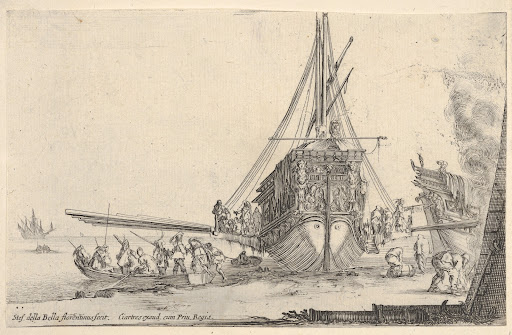 A galley embarking at center, seen from behind, the stern of another galley to right under a fire, eight men in a rowboat to left, from 'Varie figure'