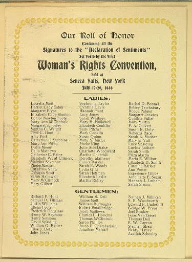 Our Roll of Honor. Listing women and men who signed the Declaration of Sentiments