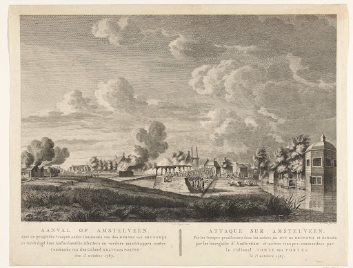 Pruisische troepen vallen Amstelveen aan dat wordt verdedigd door Amsterdamse schutters op 1 oktober 1787