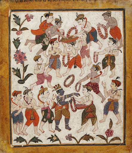 Krishna and the Cowherds Receiving Garlands in Mathura, Folio from the "Tularam" Bhagavata Purana (Ancient Stories of the Lord)