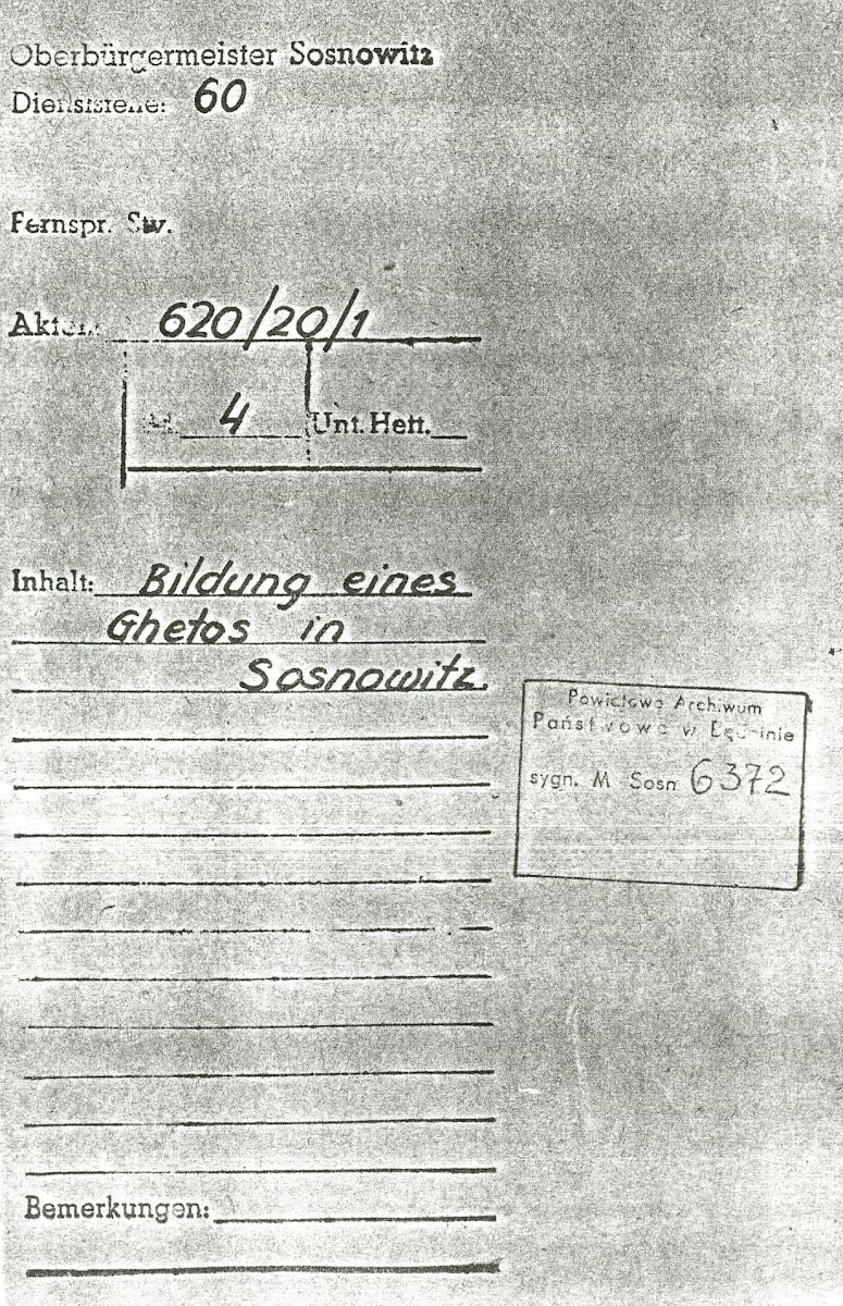 Sosnowiec municipal documentation in regards to the Getto in Sosnowiec-Środula.