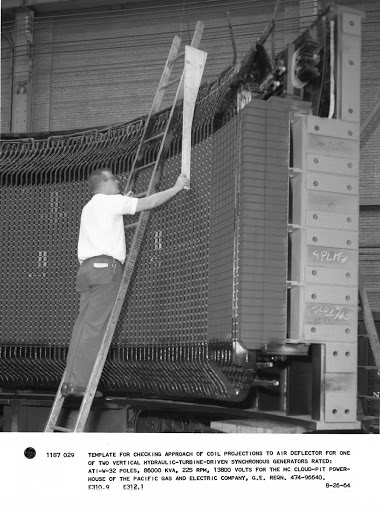 Template for checking approach of coil projections to air deflector for one of two vertical hydraulic-turbine-driven synchronous generators rated: ATI-W-32 poles, 86000 kVA, 225 rpm, 23800 volts for the McCloud-Pit Powerhouse of the Pacific Gas and Electric Company, G.E. requisition 474-96640.