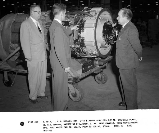 L to R. 1. C.S. Morash, manager J-47 liaison services G-E Co.-Evendale Plant. 2. G.B. Hanson, Marketing Div., Saeed. 3. Mr. Remo Cavallo, Vice Mgr-Aircraft manufacturing Fiat Motor Car Co. Via M. Polo 20 Torino, Italy.