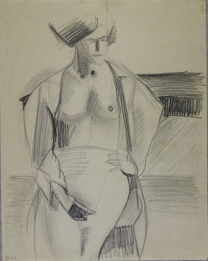 Untitled (Standing woman, half-length portrait; from nude drawing class at Burg Giebichenstein Halle)