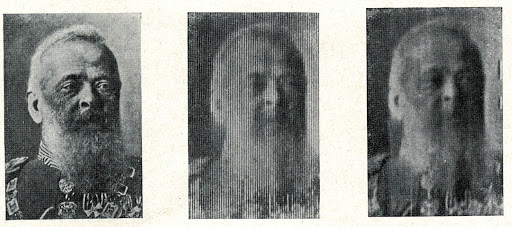 Photograph "Prinz-Regent Luitpold von Bayern" and photo telegrams with a transmission duration of 12 (middle) and 24 (right) minutes, published in "Illustrierte Zeitung" on October 26, 1905