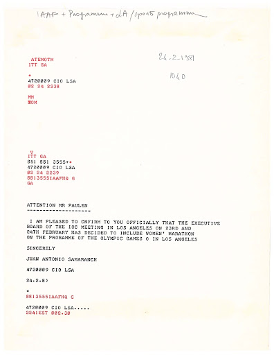 Télex du Président Samaranch à l'IAAF, 1981