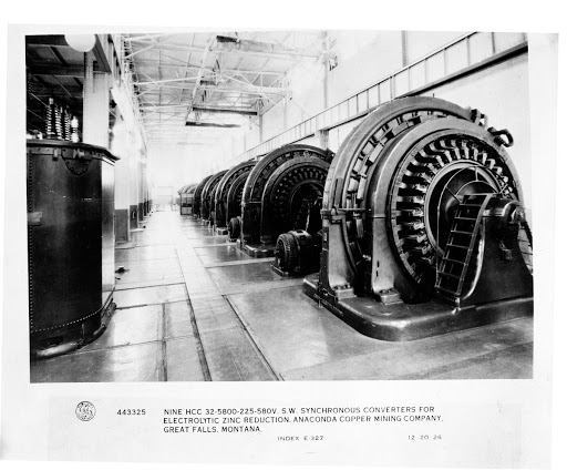 Nine HCC 32-5800-225-58OV. S.W. Synchronous Converters for Electrolytic Zinc Reduction, Anaconda Copper Mining Company, Great Falls, Montana.