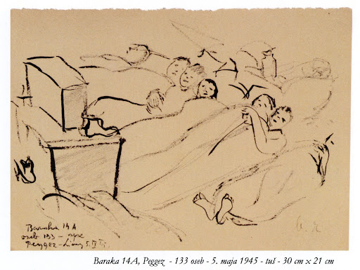 Barracks 14A, Peggetz - 133 persons – May 5 1945 from Her Refugee Route in Drawings, Buenos Aires, 2011