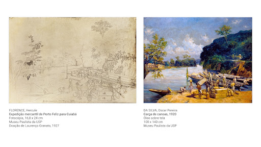 Comparativo entre o desenho Expedição mercantil de Porto Feliz para Cuiabá, de Hercule Florence, e a pintura Carga de canoas, de Oscar Pereira da Silva
