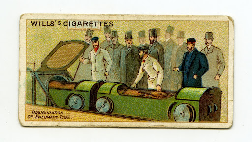 Front of Wills' cigarette card number 33 showing the inauguration of the pneumatic tube