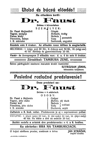 Bilingual poster for the production of Dr. Faust by puppeteer Ján Stražan