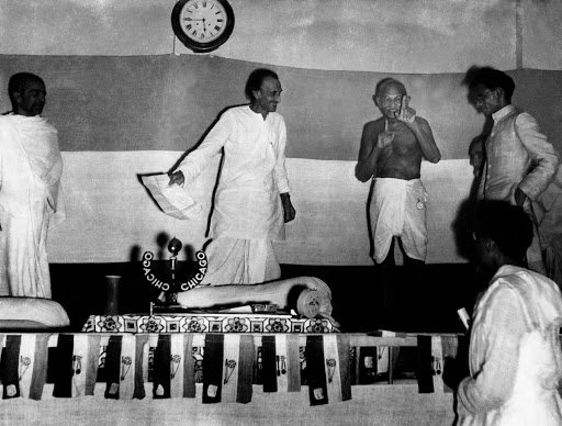 Mahatma Gandhi sharing a joke with Acharya Kripalani and Shankar Rao Deo #at the All Indian congress committee session, New Delhi.