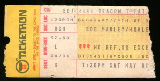 Bob Marley & the Wailers concert ticket stub for the Beacon Theater in New York