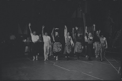 Jerome Robbins, Peter Gennaro, Chita Rivera and cast in rehearsal for the stage production West Side Story