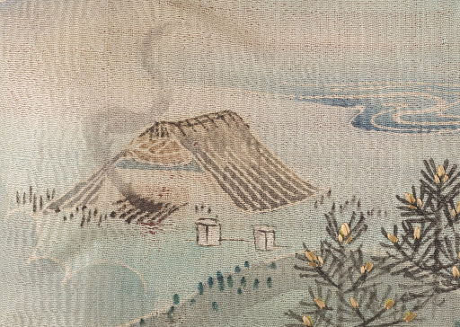 Detail 3, kimono, Chuburisode depicting 'Matsukaze' theme
