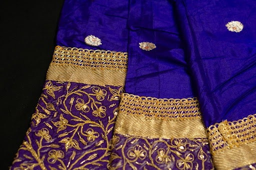 Farshi pyjama with purple silk (poth) kunda and gote with zardozi work