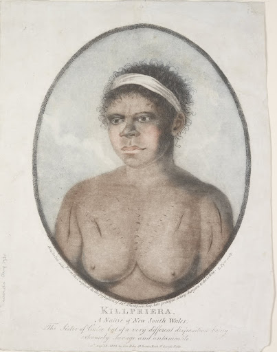 Kilpriera. A Native of New South Wales, the sister of Calee but of a very different disposition, being extremely Savage and untameable', 1803, hand coloured mezzotint by Nicolas-Martin Petit.