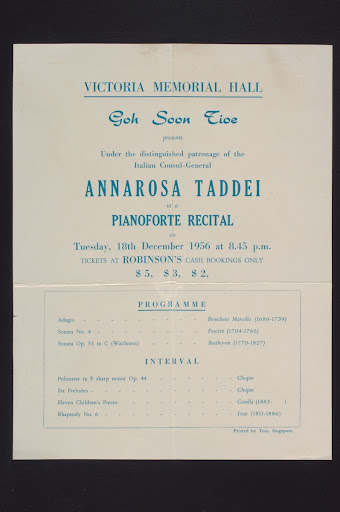 Poster for a piano recital by Annarosa Taddei, presented by Goh Soon Tioe