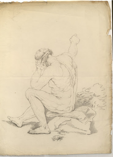 Nude man sitting and pointing his finger