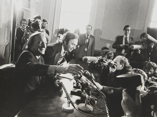 Haughey meets the press after winning the Fianna Fáil leadership election.