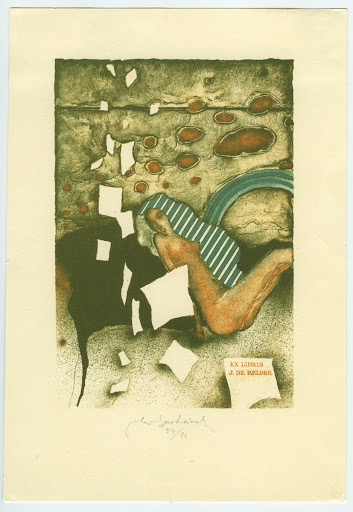 091. Bookplate. J. DE BELDER. Female nude, flying sheet of paper.
