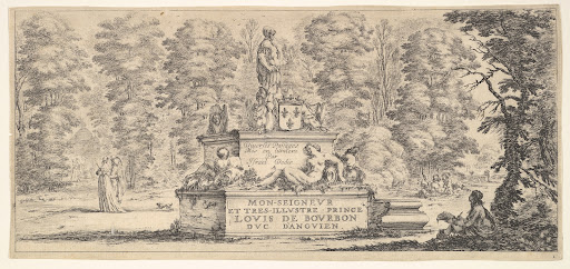 Plate 1: a monument with statues and a coat of arms in the center, a draughstman on the ground beneath a tree to right, two groups of lovers to left in the background, from 'Various landscapes' (Divers paysages)