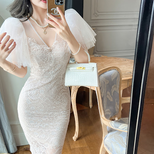 Title 7, French Mesh Puff Sleeve Waist Lace Dress Women
