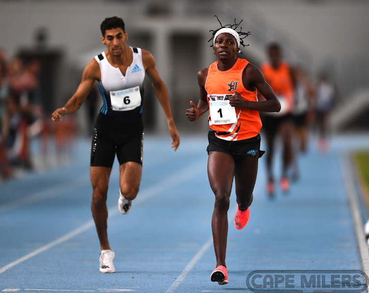 Ossama Meslek (Italy) and Ryan Mphahlele (Univ Johannesburg) during Final 2 of 2 Men 25 1500m meeting 4 of the Cape Milers Club Grand Prix Summer Series 2022 at Green Point Athletics Stadium on April 26, 2022 in Cape Town.