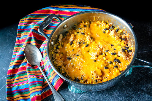 Chicken and Rice Skillet Dinner With a Kick ready to be served.