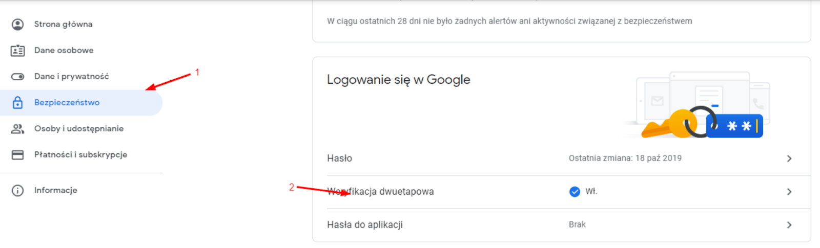 Bezpieczeństwo konta - zakładka, w której można ustawić weryfikację dwuetapową