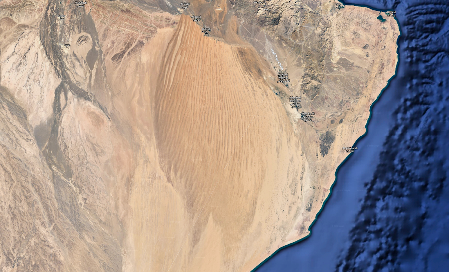 Wahiba Sands, Oman, mapa, zdjęcie satelitarne, Google Earth