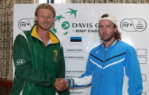 Davis Cup number 2 singles players, Nik Scholtz of South Africa (l) and Vladimir Ivanov of Estonia during the official draw for the Davis Cup tie between South Africa and Estonia at the Irene Country Club on February 02, 2017 in Pretoria, South Africa.