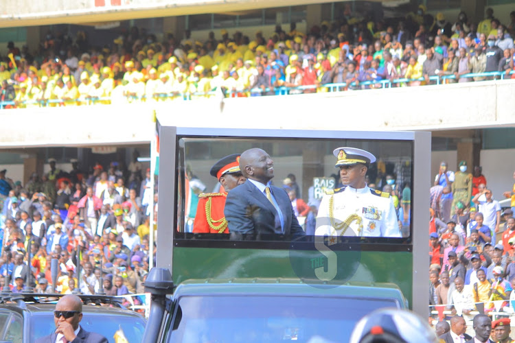 President William Ruto takes his first lap of honour around Kasarani after being sworn in on September 13, 2022.