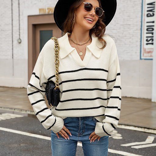 Title 5, Polo Collar Plus Size Womens Striped Pullover