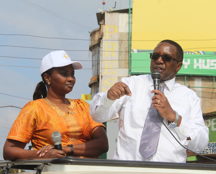 Agano party runningmate Ruth Mucheru and presidential candidate Waihiga Mwaure campaign in Nyeri Thursday