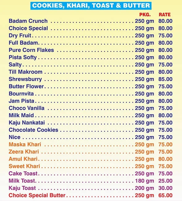 Choice Bakers & Fast Food menu 