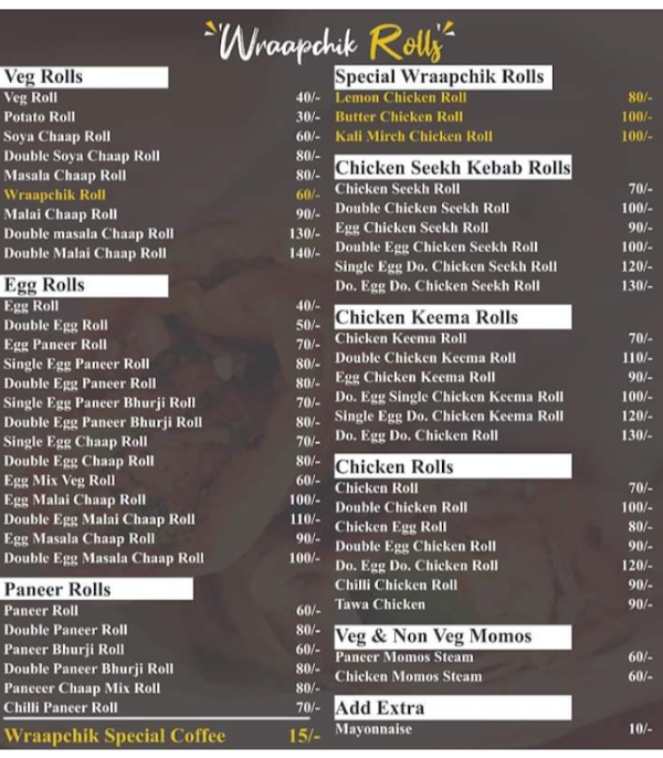 Wraapchik Rolls menu 