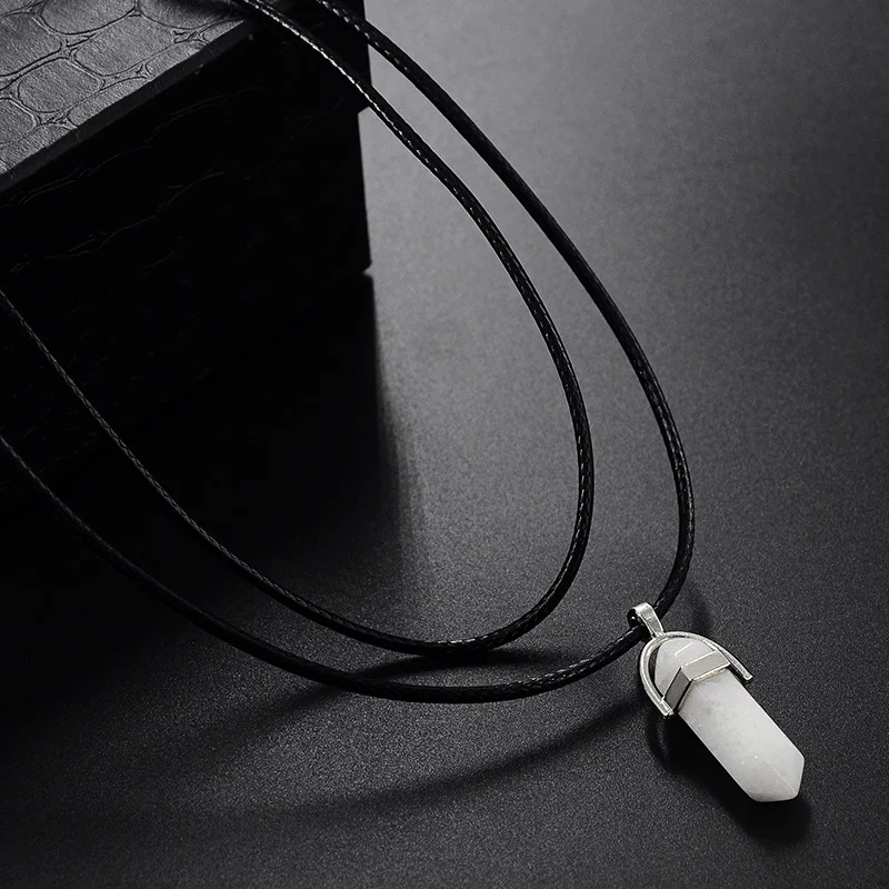 Natural Stone Pendant Double Leather Rope Crystal Hexagonal Column Necklace, a stylish and unique accessory for any occa
