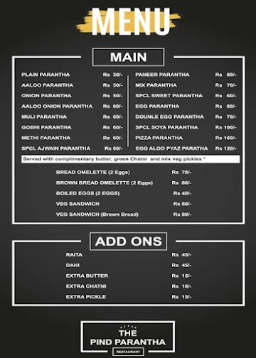 The Pind Parantha menu 