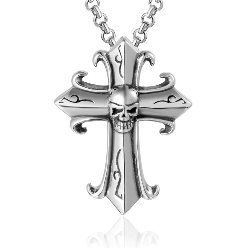 Gothic Vintage Kruis Ghost Head Heren Hanger Ketting Titanium Staal Fashionmonger Punk Sieraden voor een opvallende look.