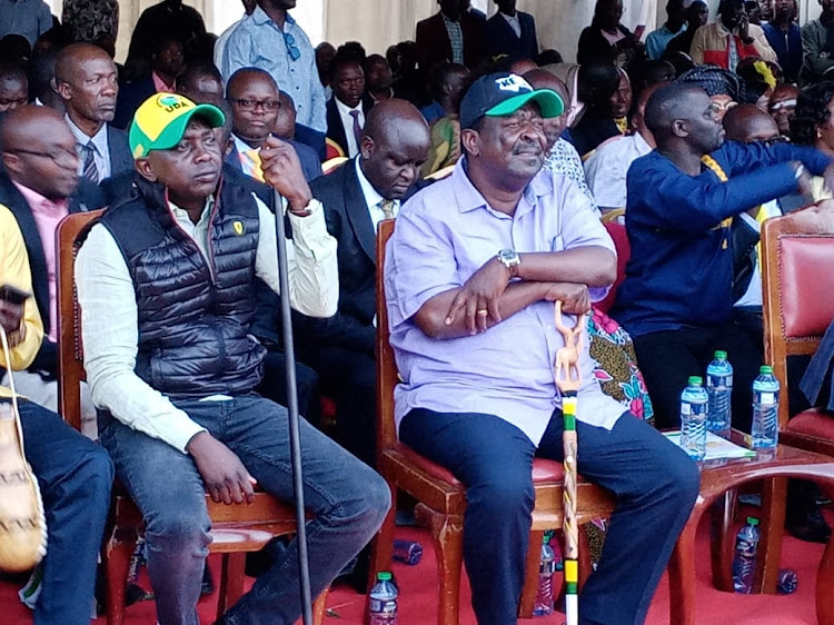 Mudavadi with Kapseret MP Oscar Sudi at the prayer rally in Eldoret on May 15