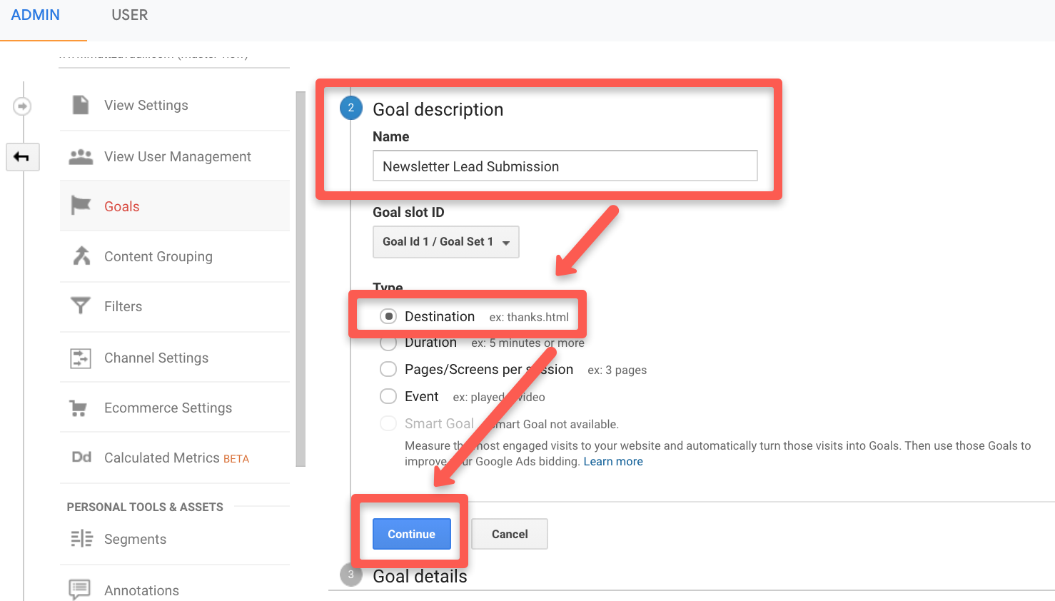 Google analytics goal details