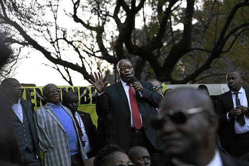 Jacob Zuma addresses supporters in Pieter Roos Park, near the Zondo commission venue in Parktown, Johannesburg, after the first day of proceedings at the commission of inquiry into state capture.