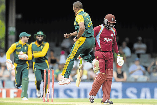 GOT THE BIG ONE! Vernon Philander of South Africa celebrates dismissing Chris Gayle for just one run during the third ODI against West Indies at Buffalo Park in East London yesterday. The Proteas won by nine wickets to take the series 3-0