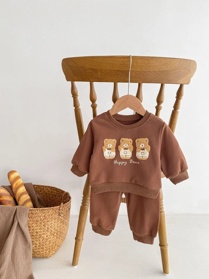 Pull brodé d'ours de dessin animé style coréen pour bébé Ensemble top ample et mignon pour enfants Mode adorable et confortable pour bébés