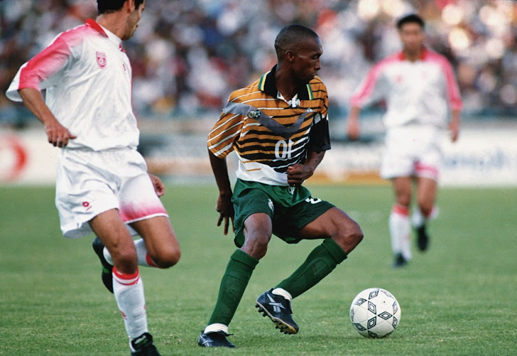 John 'Shoes' Moshoeu in action for Bafana Bafana in the 1996 Africa Cup of Nations final against Tunisia at FNB Stadium on February 3 1996. Moshoeu is one of the four players from the 1996 Bafana squad to have passed away along with John 'Dungi' Moeti, Phil 'Chippa' Masinga and Sizwe Motaung.