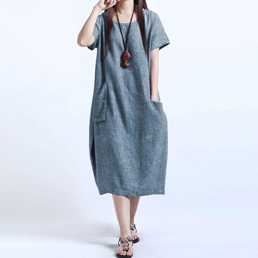 Fashion Women Casual Loose Dress Solid Color Short Sleeve Pocket Summer  Vintage Midi Long Dress Plus Size : Amazon.in: Clothing & Accessories