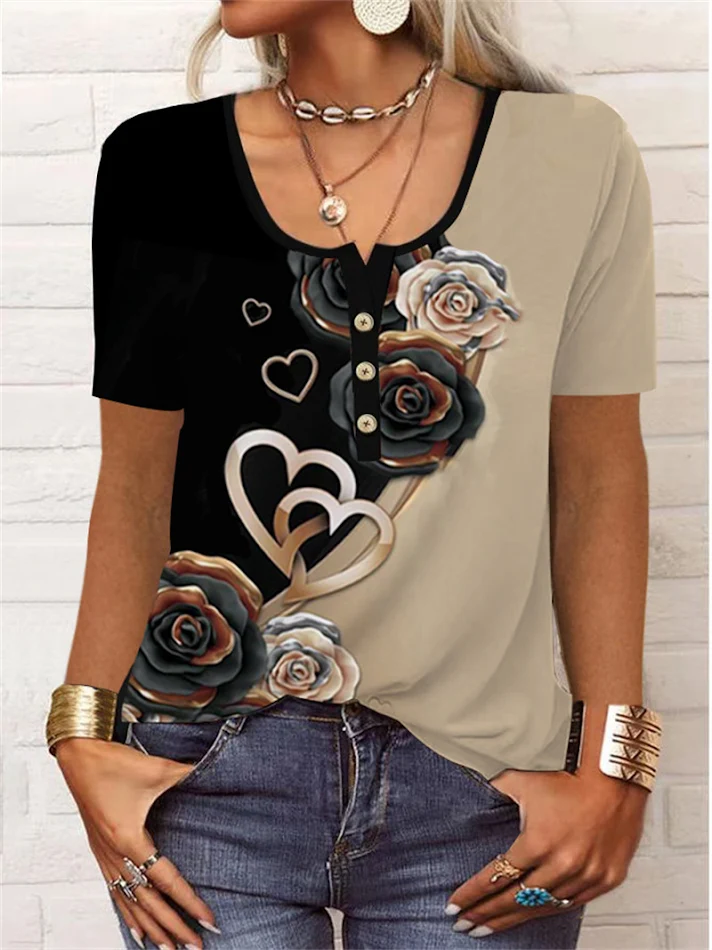 T-shirt d'été ample à manches courtes, motif floral géométrique, col en U et boutons, parfaite pour un look décontracté et estival.
